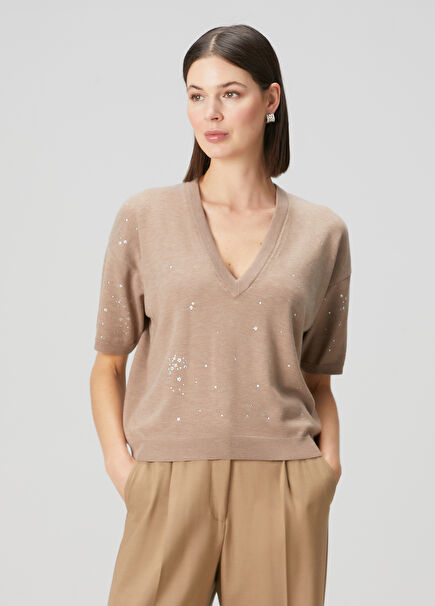 Beige Crystal Printed Sweater