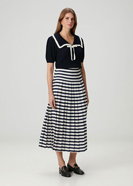 Una Lacivert Beyaz Çizgili Midi Etek