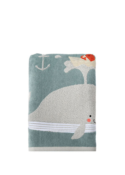Aqua Balina Desenli İşlemeli %100 Organik Pamuklu Velur Çocuk Havlu 70 x 140 cm