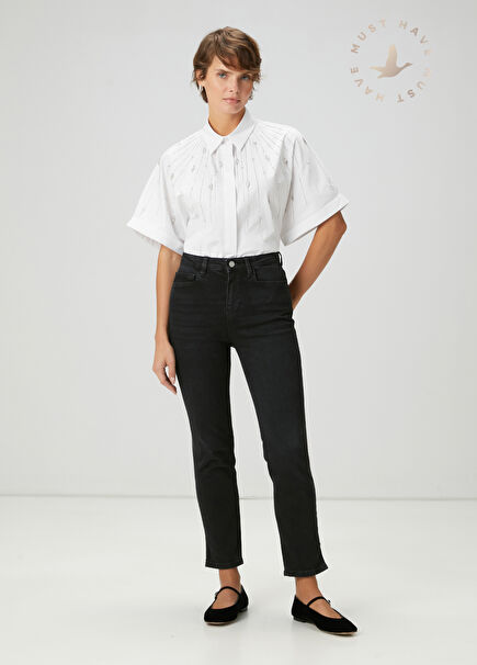 Slim Straight Siyah Yırtmaçlı ,Jean Pantolon