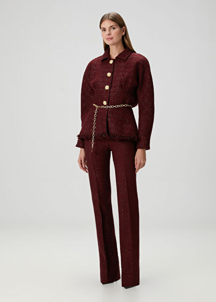 Burgundy Tweed Belt Detailed Women's Jacket
