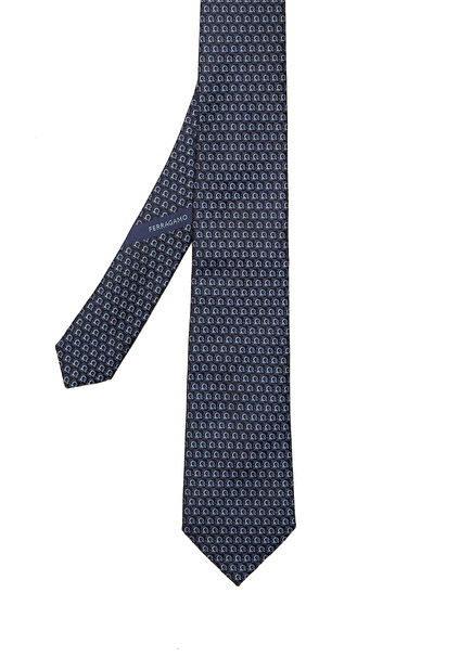 Navy Blue Logo Patterned Silk Tie