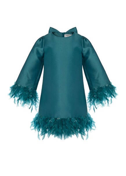 Petrol Tüylü Azure Kız Çocuk Elbise