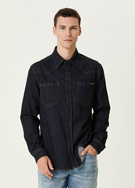 Lacivert Kontrast Dikişli Denim Gömlek