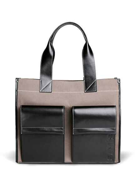 Stitched Pocket Maxi Vizon Siyah Deri Kadın Omuz Çantası