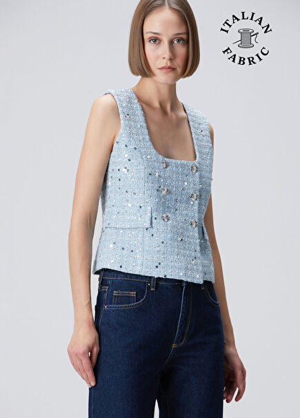 Blue Sequined Tweed Vest