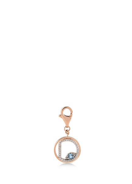 Mini “D” Harfli Charm Pırlanta Mavi Topaz Taşlı 14 Ayar Pembe Altın