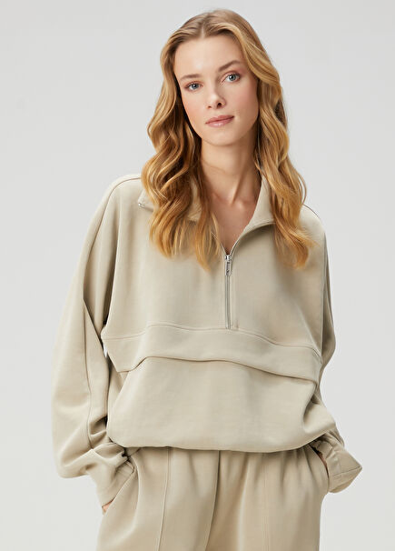 Açık Haki Yakası Fermuarlı Sweatshirt