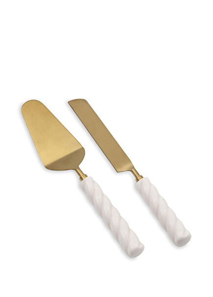 Column Altın Rengi Seramik Saplı Çelik 2'li Pasta Servis Takımı 