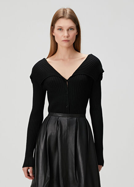 Black Ribbed Wool Cardigan