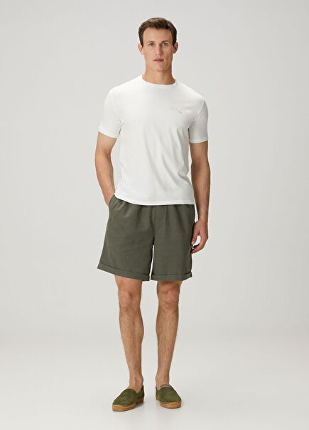 Puglia Haki Beli Kordonlu Keten Bermuda
