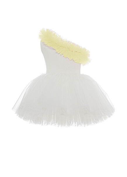 Beyaz Sarı Fırfırlı Tek Omuzlu Kız Çocuk Tütü Elbise