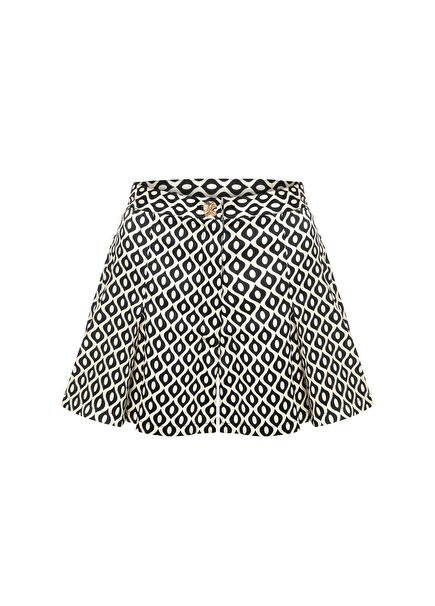 Krem Siyah Geometrik Desenli Pileli Kadın Şort