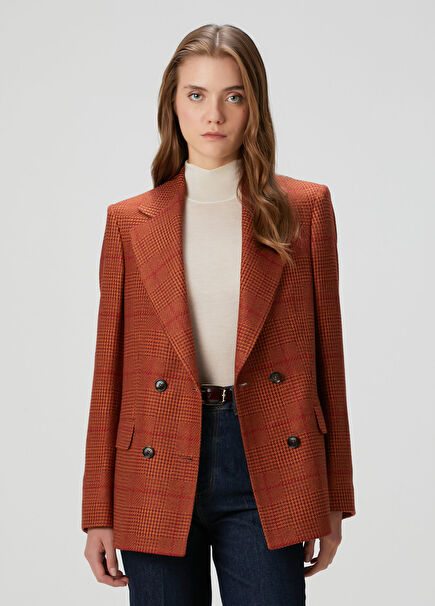 Kiremit Ekoseli Kruvaze İpek Ceket