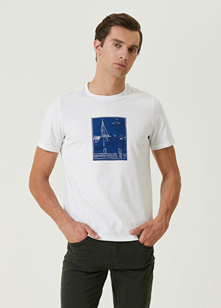 White Landscape Printed Embroidered T-shirt