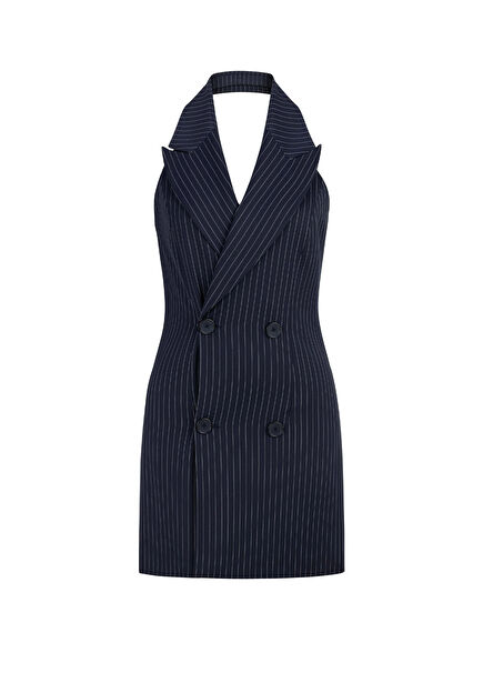 Samantha Deep Sea Blue White Çizgili Kruvaze Kolsuz Kadın Mini Elbise