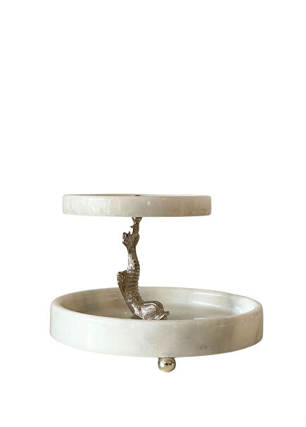 Koi Brass White Marble 2-Tier Decorative Serving Plate with Accessories
