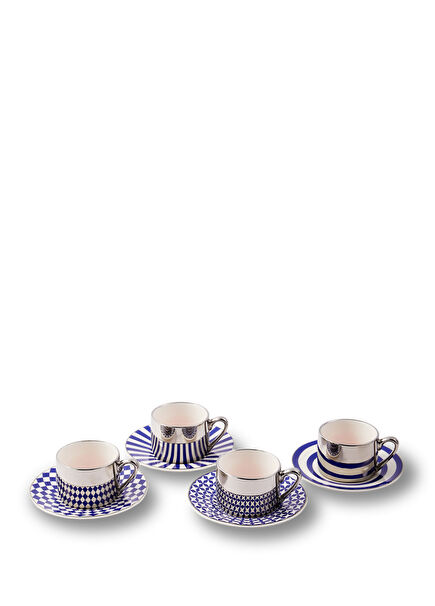 Aunty Silver Blue Patterned Porcelain Set of 4 Coffee Cups and Saucers