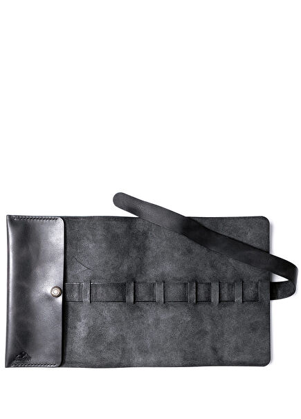 Perge Logo Detailed Anthracite Roll Leather Pen Case