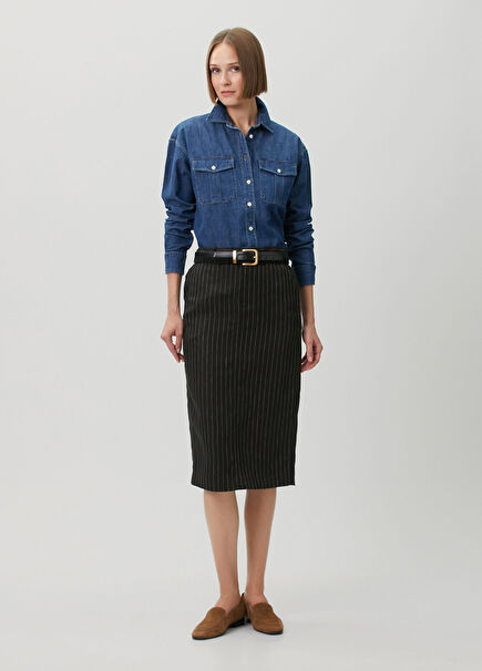 Black Striped Midi Linen Skirt