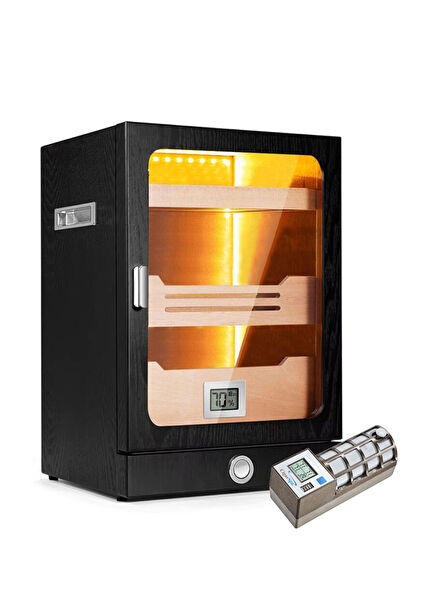 Cigarspa Humidor Black Electronic Humidifier Glass Illuminated Cigar Box