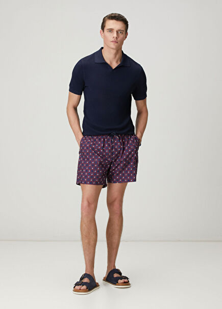 Burgundy Navy Checkered Fish Print Short Swimsuit