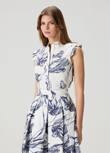 Blue White Floral Sleeveless Shirt