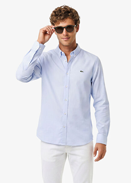 Mavi Slim Fit Düğmeli Yaka Uzun Kollu Erkek Gömlek