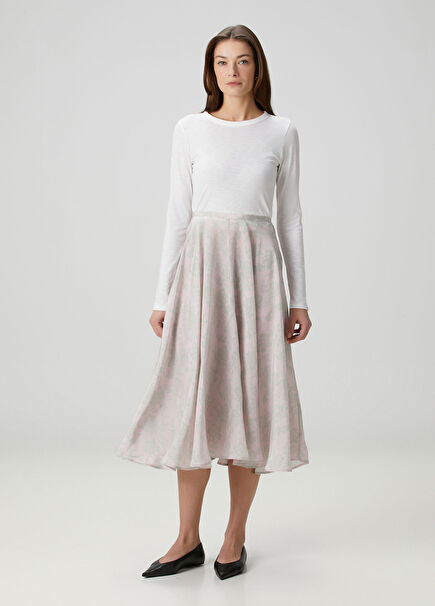 Miren Açık Pembe Desenli Midi İpek Organza Etek