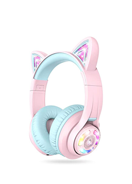BTH13 Pembe Kedi Kulaklı Unisex Çocuk Bluetooth Kulak Üstü Bluetooth Kulaklık 