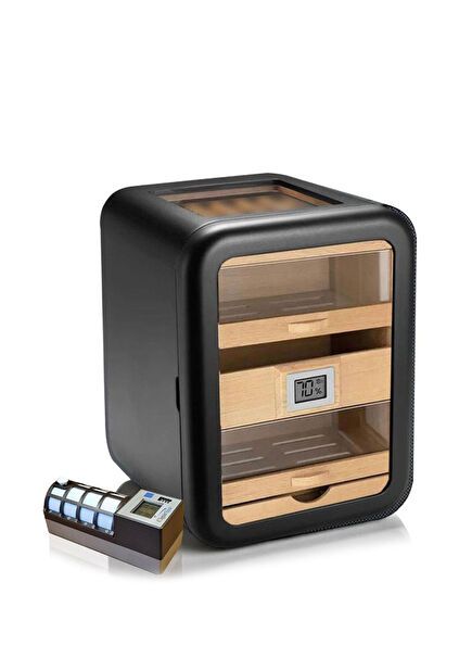 CigarSpa 80's Cigar Box with 5 Drawers with Electronic Humidification and Black Skylight Glass