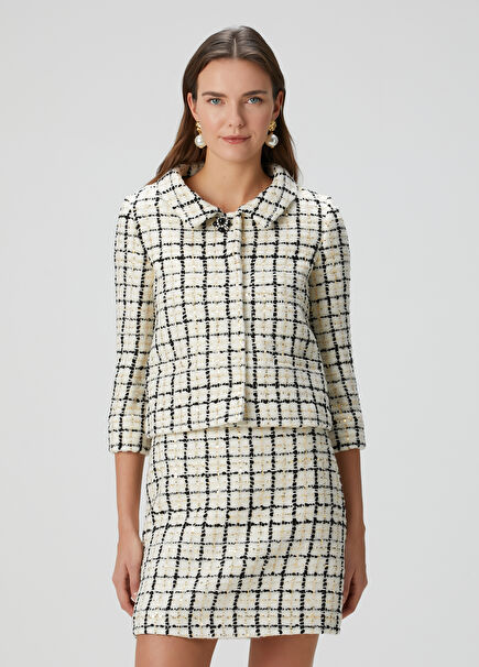 Krem Siyah Ekoseli Yün Tweed Ceket
