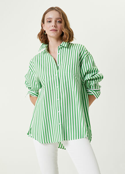 Yeşil Çizgi Desenli Uzun Poplin Gömlek