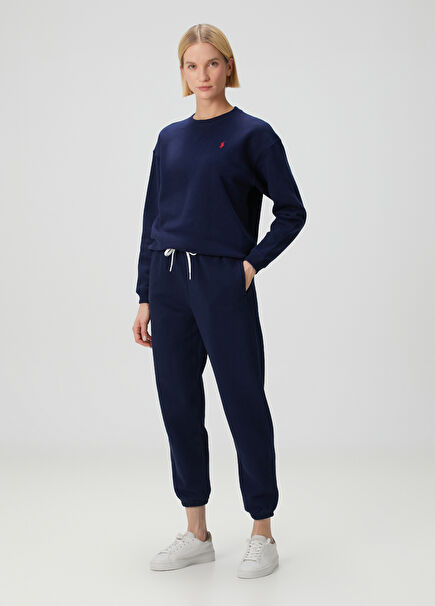 Navy Blue Logo Embroidered Sweatpants