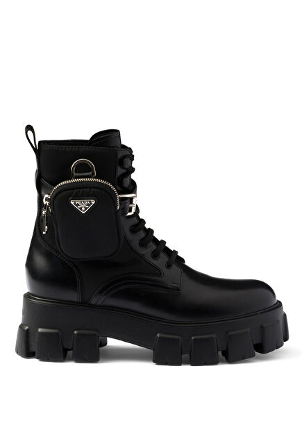 Kese Detaylı Monolith Siyah Deri ve Re-Nylon Kadın Bot