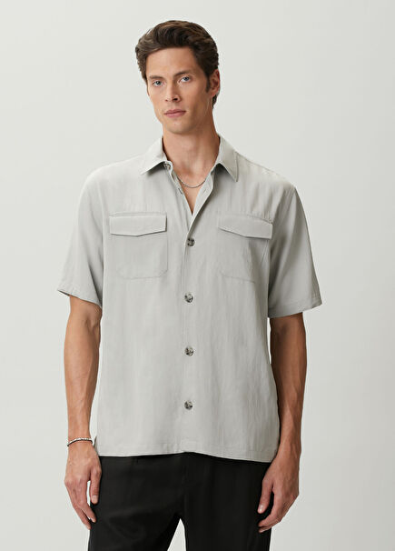 Gri Cepli Oversize Fit Kısa Kollu Gömlek