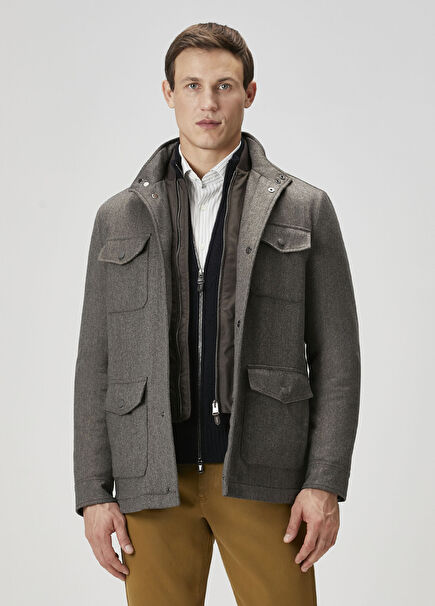 Brown Inner Collar Detail Wool Coat