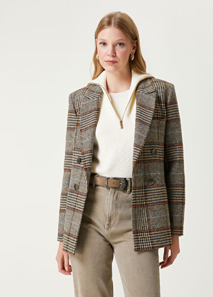 Camel Ekoseli Kruvaze Blazer