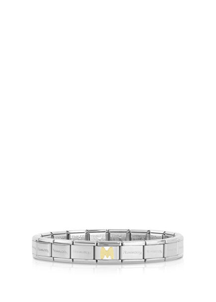 İtalyan Charm Gümüş 18 Ayar Altın M Harfi Çelik Unisex Bileklik 