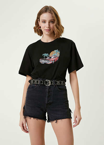 Black Crew Neck Rhinestone Printed T-shirt