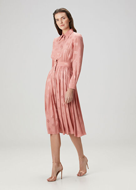 Pink Logo Jacquard Midi Silk Satin Dress