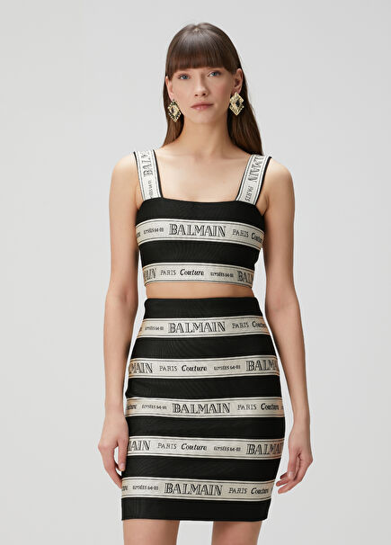 Beige Black Striped Jacquard Bustier