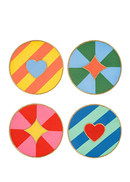 Nilüfer Digital Printed Embroidered Colorful Polyester 4-Piece Coaster Set