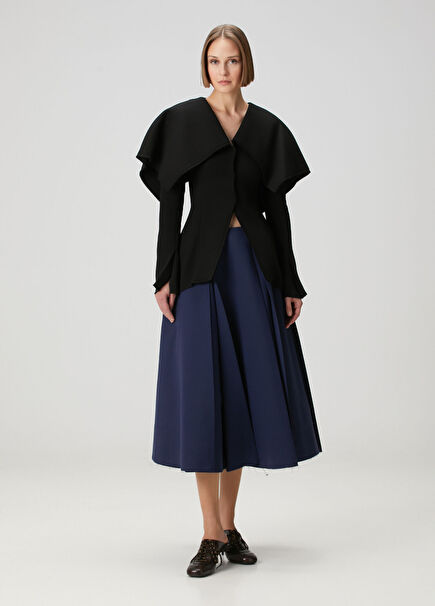 Navy Blue Pleated Midi Wool Skirt