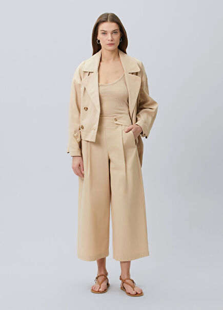 Bej Pileli Wide Leg Koton Pantolon