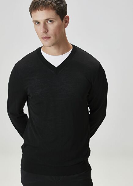 Black V-Neck Wool Sweater
