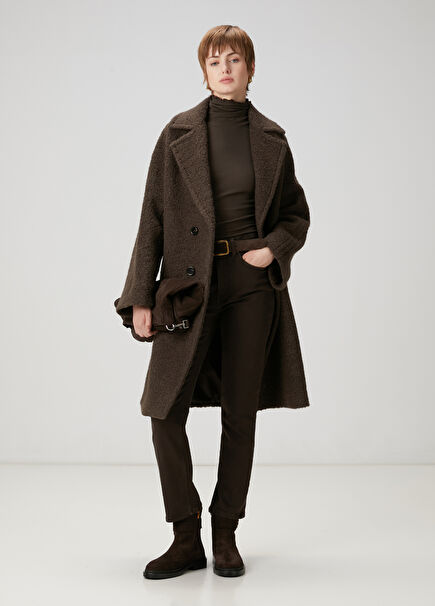 Brown Shearling Double-Breasted Wool Coat