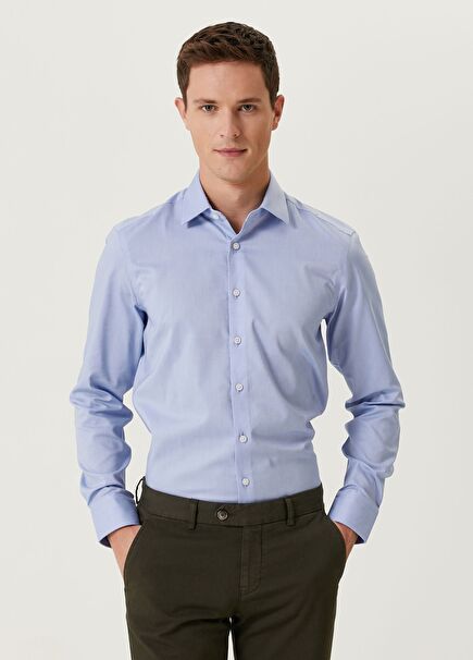 Slim Fit Mavi Non-iron Oxford Gömlek