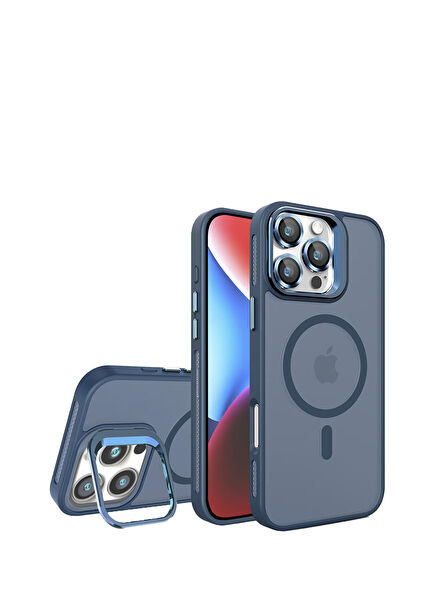 iPhone 16 Pro Max Metal Bracket Mat Mavi Magsafe Uyumlu Telefon Kılıfı