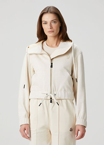 Krem Kapüşonlu Fermuarlı Keten Sweatshirt